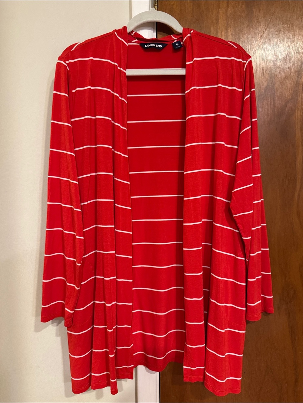 Lands' End Red and White Striped Open-Front Long Cardigan